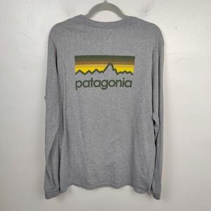 Patagonia Graphic Tee Size Large Men's Medium Gray Retro Logo Long Sleeve Crew
